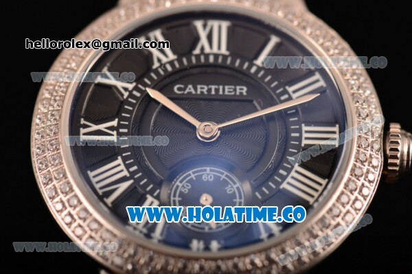 Cartier Ballon Bleu De Small Swiss Quartz Steel Case with Diamonds Bezel Black Dial and Black Leather Strap - White Markers - Click Image to Close