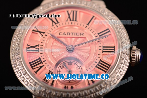 Cartier Ballon Bleu De Small Swiss Quartz Steel Case with Diamonds Bezel Pink Dial and Pink Leather Strap - Black Markers - Click Image to Close