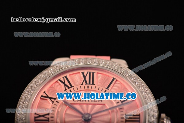 Cartier Ballon Bleu De Small Swiss Quartz Steel Case with Diamonds Bezel Pink Dial and Pink Leather Strap - Black Markers - Click Image to Close