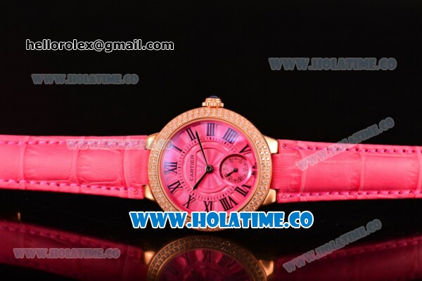 Cartier Ballon Bleu De Small Swiss Quartz Rose Gold Case with Diamonds Bezel Hot Pink Dial and Hot Pink Leather Strap - Black Markers - Click Image to Close