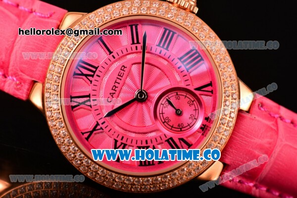 Cartier Ballon Bleu De Small Swiss Quartz Rose Gold Case with Diamonds Bezel Hot Pink Dial and Hot Pink Leather Strap - Black Markers - Click Image to Close