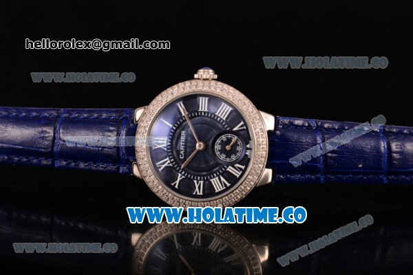 Cartier Ballon Bleu De Small Swiss Quartz Steel Case with Diamonds Bezel Blue Dial and Blue Leather Strap - White Markers - Click Image to Close