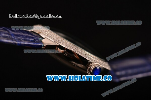 Cartier Ballon Bleu De Small Swiss Quartz Steel Case with Diamonds Bezel Blue Dial and Blue Leather Strap - White Markers - Click Image to Close