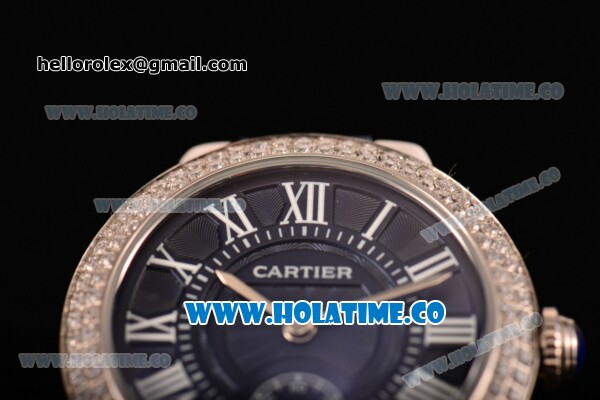Cartier Ballon Bleu De Small Swiss Quartz Steel Case with Diamonds Bezel Blue Dial and Blue Leather Strap - White Markers - Click Image to Close
