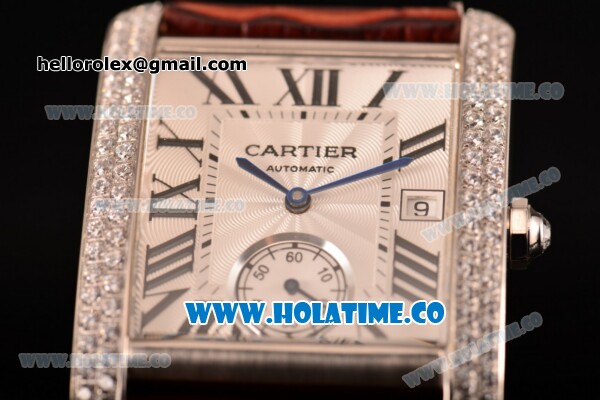Cariter Tank MC Swiss ETA 2824 Automatic Steel Case with White Dial Brown Leather Strap and Roman Numeral Markers - Diamonds Bezel - Click Image to Close