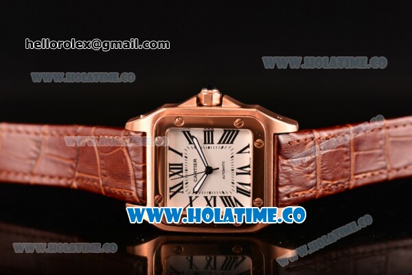 Cartier Santos 100 Large Rose Gold Case with White Dial Brown Leather Strap and Black Roman Numeral Markers - Click Image to Close