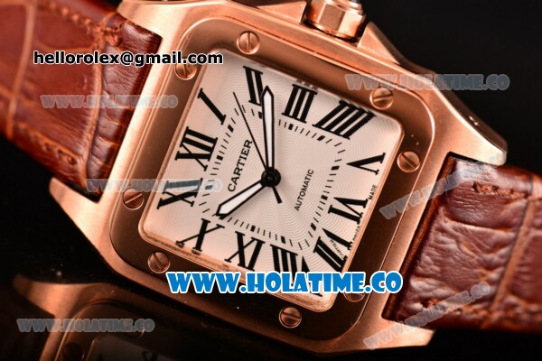 Cartier Santos 100 Large Rose Gold Case with White Dial Brown Leather Strap and Black Roman Numeral Markers - Click Image to Close