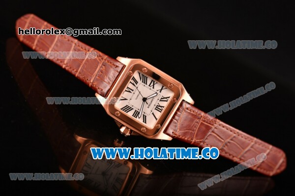 Cartier Santos 100 Large Rose Gold Case with White Dial Brown Leather Strap and Black Roman Numeral Markers - Click Image to Close