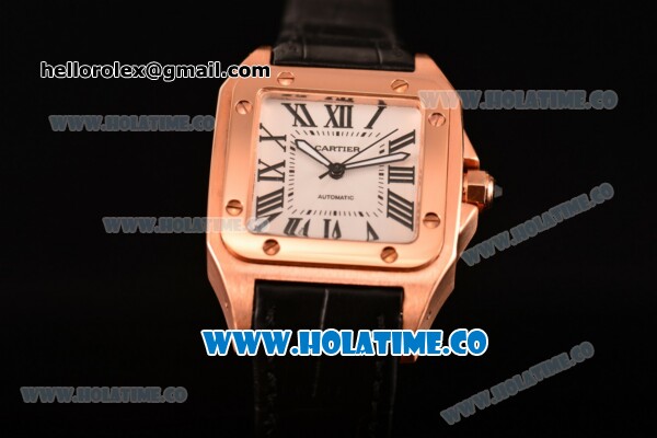 Cartier Santos 100 Large Rose Gold Case with White Dial Black Leather Strap and Black Roman Numeral Markers - Click Image to Close