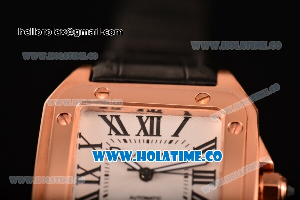 Cartier Santos 100 Large Rose Gold Case with White Dial Black Leather Strap and Black Roman Numeral Markers - Click Image to Close