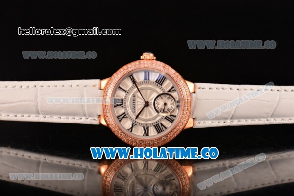 Cartier Ballon Bleu De Small Swiss Quartz Rose Gold Case with Diamonds Bezel White Dial and White Leather Strap - Black Markers - Click Image to Close