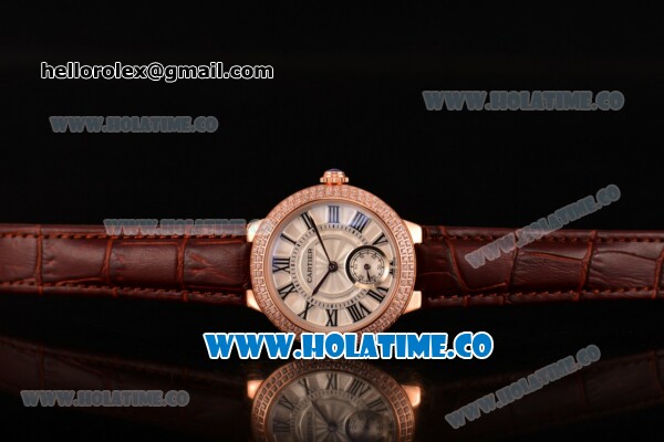 Cartier Ballon Bleu De Small Swiss Quartz Rose Gold Case with Diamonds Bezel White Dial and Brown Leather Strap - Black Markers - Click Image to Close