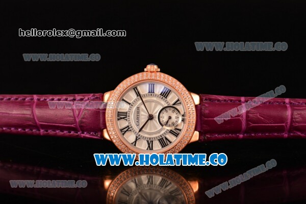 Cartier Ballon Bleu De Small Swiss Quartz Rose Gold Case with Diamonds Bezel White Dial and Burgundy Leather Strap - Black Markers - Click Image to Close