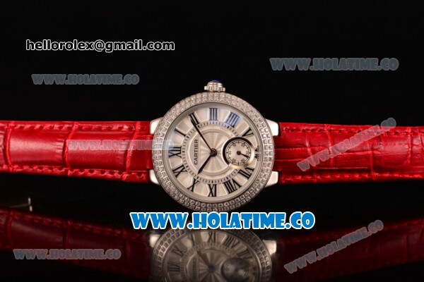 Cartier Ballon Bleu De Small Swiss Quartz Steel Case with Diamonds Bezel White Dial and Red Leather Strap - Black Markers - Click Image to Close