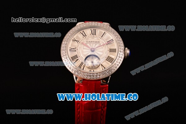 Cartier Ballon Bleu De Small Swiss Quartz Steel Case with Diamonds Bezel White Dial and Red Leather Strap - Black Markers - Click Image to Close