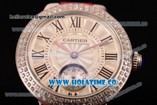 Cartier Ballon Bleu De Small Swiss Quartz Steel Case with Diamonds Bezel White Dial and Red Leather Strap - Black Markers - Click Image to Close