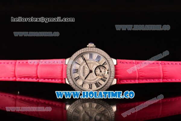 Cartier Ballon Bleu De Small Swiss Quartz Steel Case with Diamonds Bezel White Dial and Hot Pink Leather Strap - Black Markers - Click Image to Close