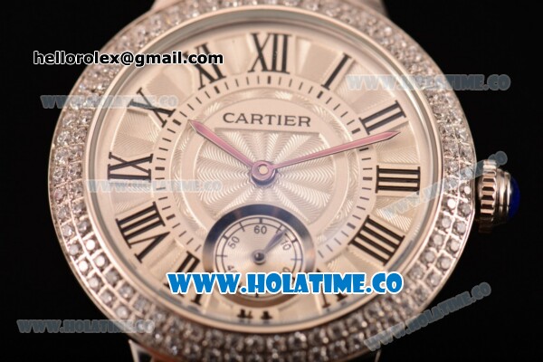 Cartier Ballon Bleu De Small Swiss Quartz Steel Case with Diamonds Bezel White Dial and Hot Pink Leather Strap - Black Markers - Click Image to Close