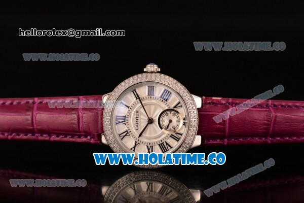 Cartier Ballon Bleu De Small Swiss Quartz Steel Case with Diamonds Bezel White Dial and Burgundy Leather Strap - Black Markers - Click Image to Close