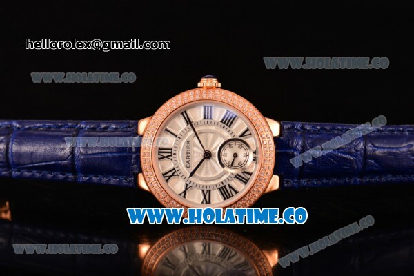 Cartier Ballon Bleu De Small Swiss Quartz Rose Gold Case with Diamonds Bezel White Dial and Blue Leather Strap - Black Markers - Click Image to Close