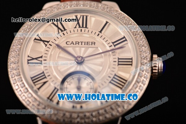 Cartier Ballon Bleu De Small Swiss Quartz Steel Case with Diamonds Bezel White Dial and Brown Leather Strap - Black Markers - Click Image to Close