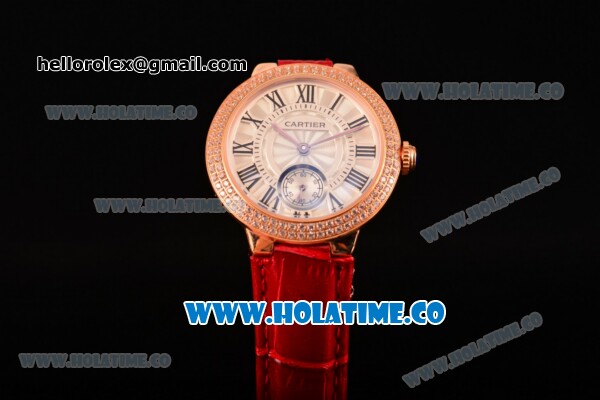 Cartier Ballon Bleu De Small Swiss Quartz Rose Gold Case with Diamonds Bezel White Dial and Red Leather Strap - Black Markers - Click Image to Close