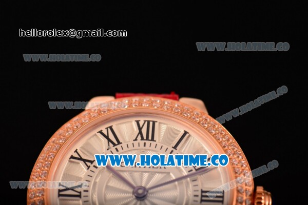 Cartier Ballon Bleu De Small Swiss Quartz Rose Gold Case with Diamonds Bezel White Dial and Red Leather Strap - Black Markers - Click Image to Close