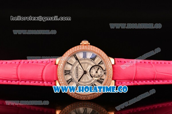Cartier Ballon Bleu De Small Swiss Quartz Rose Gold Case with Diamonds Bezel White Dial and Hot Pink Leather Strap - Black Markers - Click Image to Close