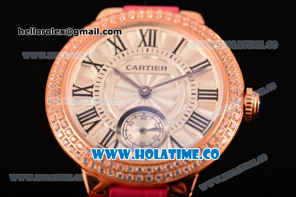Cartier Ballon Bleu De Small Swiss Quartz Rose Gold Case with Diamonds Bezel White Dial and Hot Pink Leather Strap - Black Markers - Click Image to Close