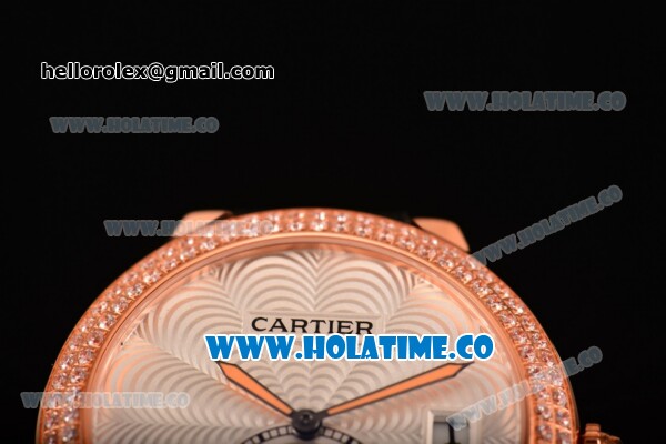 Cartier Rotonde De Swiss Quartz Rose Gold Case with White Guilloche Dial Diamonds Bezel and Black Leather Strap - Click Image to Close