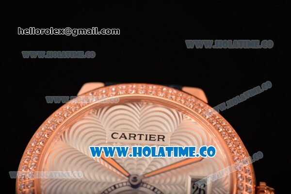 Cartier Rotonde De Swiss Quartz Rose Gold Case with White Guilloche Dial Diamonds Bezel and Blue Leather Strap - Click Image to Close