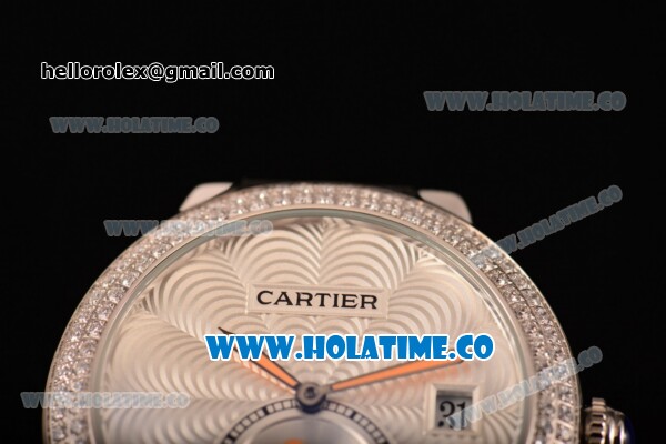 Cartier Rotonde De Swiss Quartz Steel Case with White Guilloche Dial Diamonds Bezel and Black Leather Strap - Click Image to Close