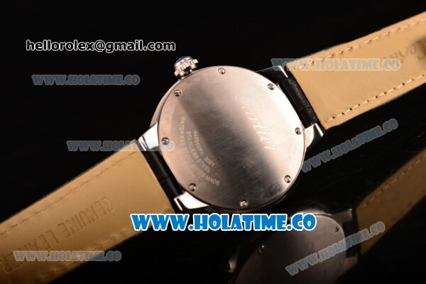 Cartier Rotonde De Swiss Quartz Steel Case with White Guilloche Dial Diamonds Bezel and Black Leather Strap - Click Image to Close