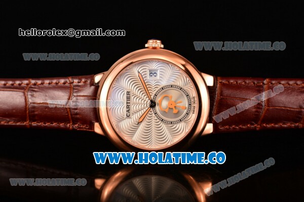 Cartier Rotonde De Swiss Quartz Rose Gold Case with Brown Leather Strap with White Guilloche Dial - Click Image to Close