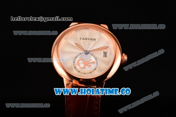 Cartier Rotonde De Swiss Quartz Rose Gold Case with Brown Leather Strap with White Guilloche Dial - Click Image to Close