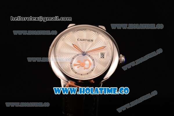 Cartier Rotonde De Swiss Quartz Steel Case with Black Leather Strap with White Guilloche Dial - Click Image to Close