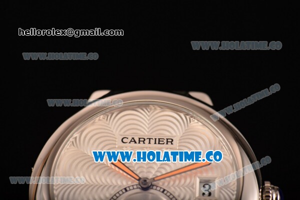 Cartier Rotonde De Swiss Quartz Steel Case with Black Leather Strap with White Guilloche Dial - Click Image to Close