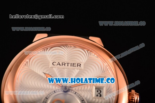 Cartier Rotonde De Swiss Quartz Rose Gold Case with Black Leather Strap with White Guilloche Dial - Click Image to Close