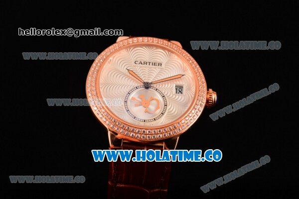 Cartier Rotonde De Swiss Quartz Rose Gold Case with Diamonds Bezel Brown Leather Strap with White Guilloche Dial - Click Image to Close