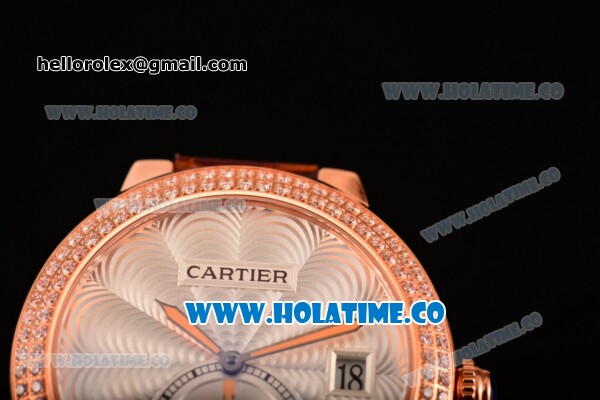Cartier Rotonde De Swiss Quartz Rose Gold Case with Diamonds Bezel Brown Leather Strap with White Guilloche Dial - Click Image to Close