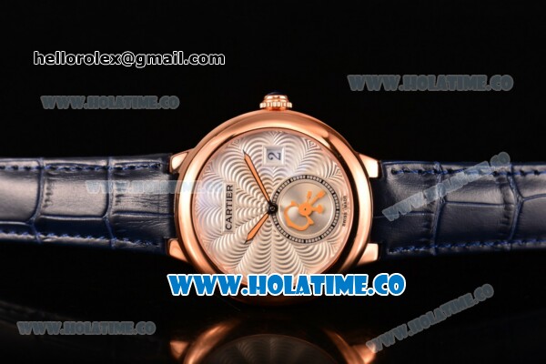 Cartier Rotonde De Swiss Quartz Rose Gold Case with Blue Leather Strap with White Guilloche Dial - Click Image to Close