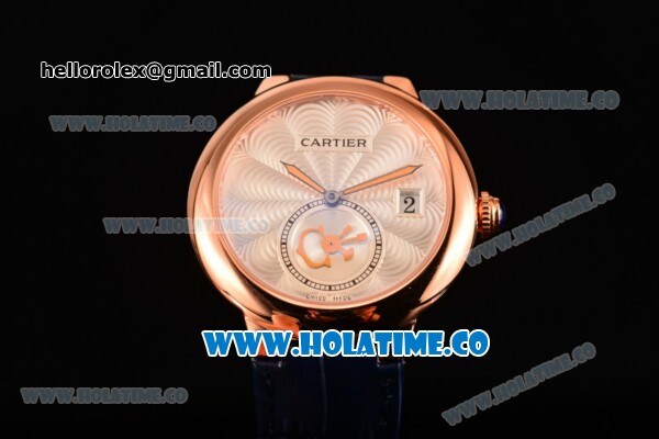 Cartier Rotonde De Swiss Quartz Rose Gold Case with Blue Leather Strap with White Guilloche Dial - Click Image to Close