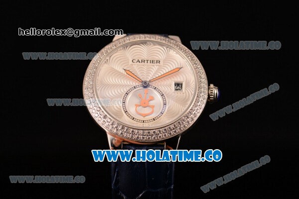 Cartier Rotonde De Swiss Quartz Steel Case with Diamonds Bezel Blue Leather Strap with White Guilloche Dial - Click Image to Close