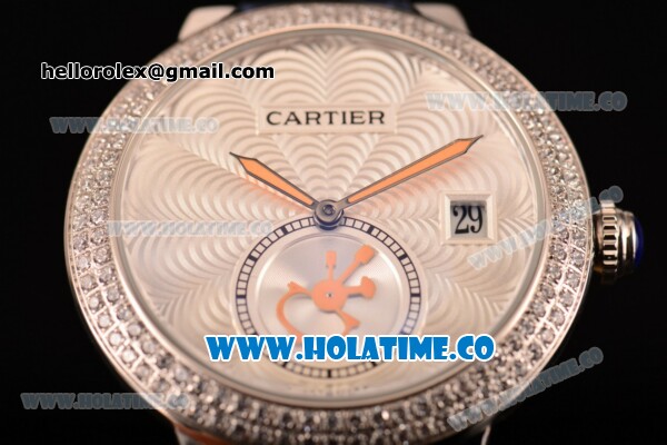 Cartier Rotonde De Swiss Quartz Steel Case with Diamonds Bezel Blue Leather Strap with White Guilloche Dial - Click Image to Close