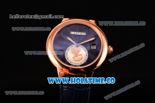 Cartier Rotonde De Swiss Quartz Rose Gold Case with Blue Leather Strap with Blue Guilloche Dial - Click Image to Close