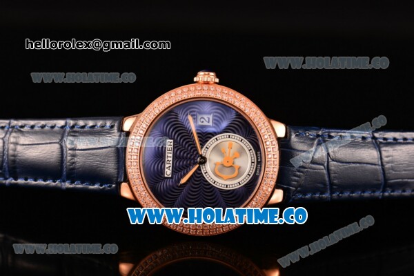 Cartier Rotonde De Swiss Quartz Rose Gold Case with Diamonds Blue Leather Strap with Blue Guilloche Dial - Click Image to Close