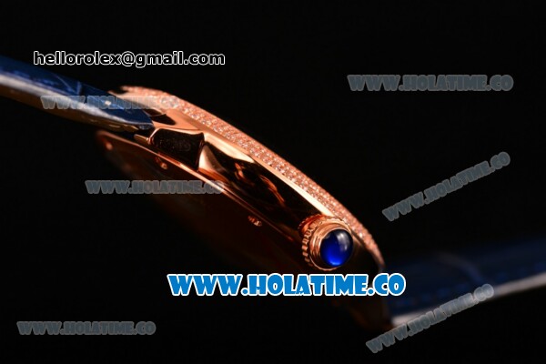 Cartier Rotonde De Swiss Quartz Rose Gold Case with Diamonds Blue Leather Strap with Blue Guilloche Dial - Click Image to Close