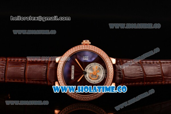 Cartier Rotonde De Swiss Quartz Rose Gold Case with Brown Guilloche Dial Diamonds Bezel and Brown Leather Strap - Click Image to Close
