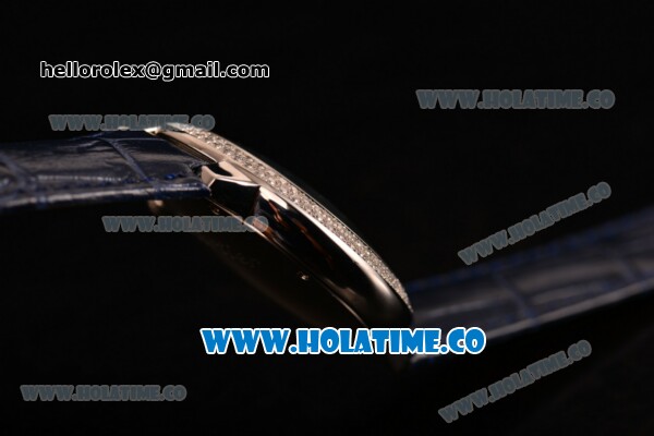 Cartier Rotonde De Swiss Quartz Steel Case with Blue Guilloche Dial Diamonds Bezel and Blue Leather Strap - Click Image to Close