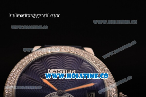 Cartier Rotonde De Swiss Quartz Steel Case with Blue Guilloche Dial Diamonds Bezel and Blue Leather Strap - Click Image to Close